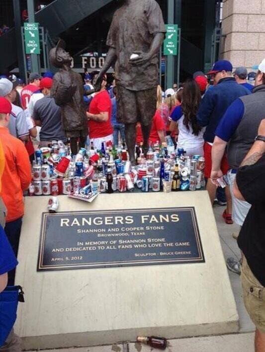 Memorial statue becomes trash can at Rangers ballpark