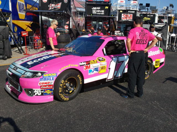 Matt Kenseth driving pink car at Talladega for Breast Cancer awareness