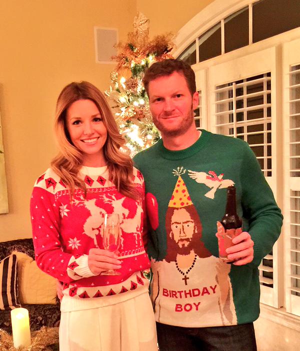 Dale Earnhardt Jr. wears ugly Christmas sweater with girlfriend