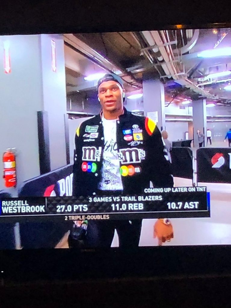 Russell Westbrook wears Kyle Busch coat to arena