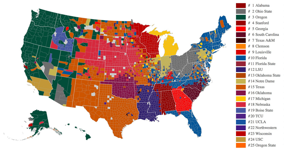 Facebook map shows college football allegiances