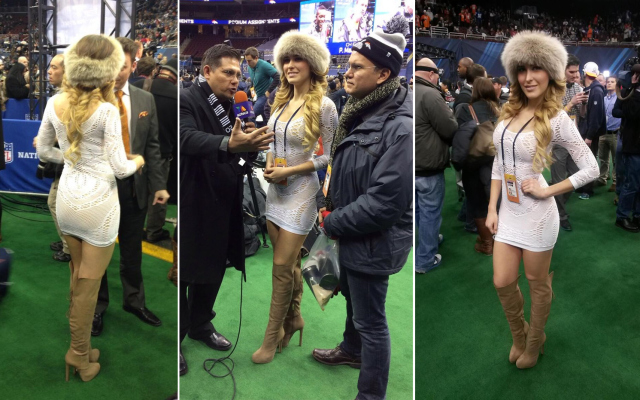 Mariana Gonzalez appears at Super Bowl Media Day in typical TV Azteca wardrobe