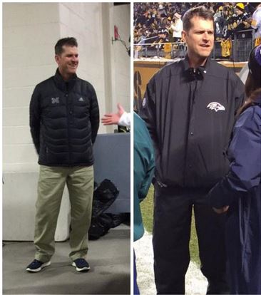 Jim Harbaugh is on the Ravens sidelines without khakis