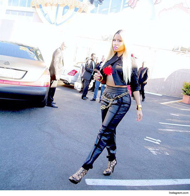 Nicki Minaj Wardrobe Malfunction While Wearing Crop Jacket and Leather Pants