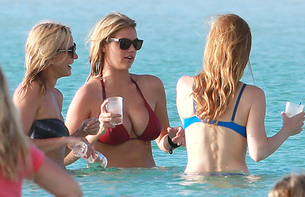 Cameron Diaz and Kate Upton on Bahamas beach in bikinis