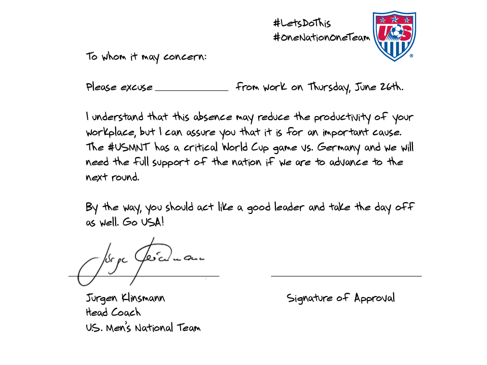 US Soccer coach Jürgen Klinsmann has note to excuse fans from work on Thursday