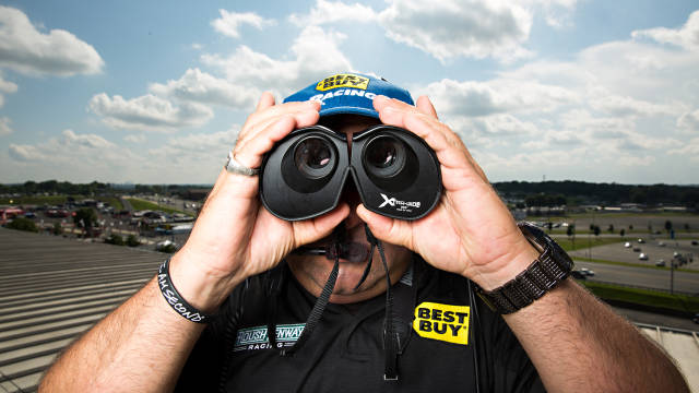 Nascar spotter Mike Calinoff, photographed on the roof of the grandstand at Charlotte Motor Speedway for Road and Track on 05.23.13...05.23.13 All photographs by Peter Taylor.05.21.13 All photographs by Peter Taylor