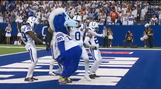 WATCH: Cam Bynum celebrates interception with Colts mascot