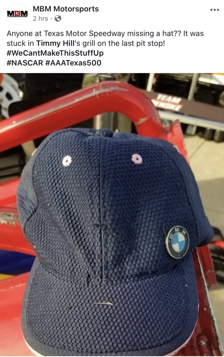 Hat ends up in grill of Timmy Hill’s car